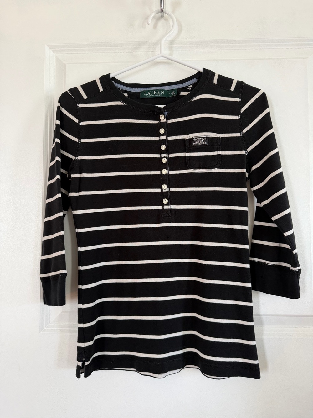 Vintage Ralph Lauren Black & White Striped 3/4 Sleeve Top Size S 100% Cotton